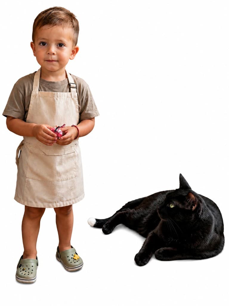 Noah con delantal y Ekko, el gato negro